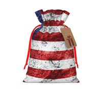 Sacs de Noël imprimés avec cordon de serrage et ruban rouge Motif drapeau américain Indépendance du 4 juillet - Pochettes cadeaux réutilisables en toile de jute avec cordon de serrage, taille M