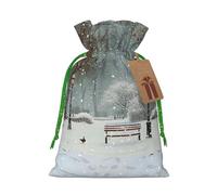 Sacs de Noël imprimés avec cordon de serrage Snow Falling in The Park pour emballage cadeau de Noël, ruban de Noël vert, taille S