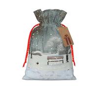 Sacs de Noël imprimés avec cordon de serrage Snow Falling in The Park pour emballage cadeau de Noël, ruban de Noël rouge, taille S