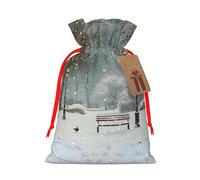 Sacs de Noël imprimés avec cordon de serrage Snow Falling in The Park pour emballage cadeau de Noël, ruban rouge, taille M