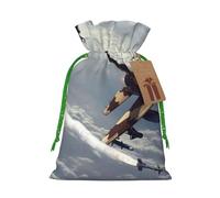 Sacs de Noël imprimés avions avec cordon de serrage avec ruban de Noël vert - Pochettes cadeaux réutilisables en toile de jute avec cordon de serrage, S