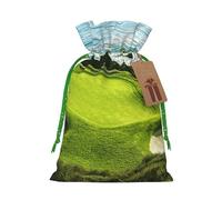 Sacs de Noël imprimés sur le terrain de golf de plage avec cordon de serrage et ruban de Noël vert - Pochettes cadeaux réutilisables en toile de jute avec cordon de serrage, S