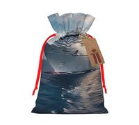 Sacs de Noël réutilisables avec cordon de serrage imprimé bateau de croisière pour fête de Noël, emballage cadeau de Noël, ruban rouge, taille M