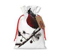 Sacs de Noël réutilisables avec cordon de serrage imprimé branche d'oiseau pour emballage cadeau de Noël, ruban de Noël rouge, taille M