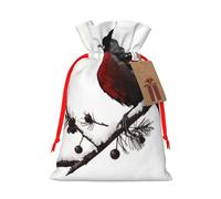 Sacs de Noël réutilisables avec cordon de serrage imprimé branche d'oiseau pour fête de Noël, emballage cadeau de Noël, ruban rouge, taille M