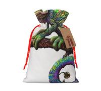Sacs de Noël réutilisables avec cordon de serrage imprimé caméléon écouter de la musique, ruban de Noël rouge, taille S