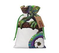 Sacs de Noël réutilisables avec cordon de serrage imprimé caméléon écouter de la musique, ruban de Noël vert, taille S