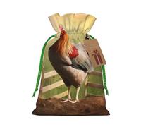 Sacs de Noël réutilisables avec cordon de serrage imprimé coq sur bois dans la ferme pour emballage cadeau de Noël, ruban de Noël vert, taille S