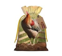 Sacs de Noël réutilisables avec cordon de serrage imprimé coq sur bois dans les terres agricoles, pour fête de Noël, emballage cadeau de Noël, ruban jaune, S