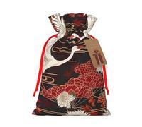 Sacs de Noël réutilisables avec cordon de serrage imprimé deux grues chrysanthèmes pour fête de Noël, emballage cadeau, ruban rouge, taille M