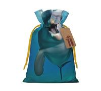 Sacs de Noël réutilisables avec cordon de serrage imprimé drôle de dauphin qui vous regarde, pour fête de Noël, ruban jaune, taille M
