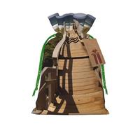 Sacs de Noël réutilisables avec cordon de serrage imprimé escalier pour fête de Noël, ruban vert, taille M