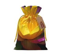 Sacs de Noël réutilisables avec cordon de serrage imprimé fleur de lotus jaune pour emballage cadeau de Noël, ruban jaune, taille S
