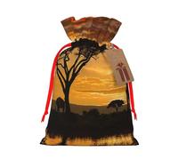 Sacs de Noël réutilisables avec cordon de serrage imprimé girafe et arbres au crépuscule en Afrique pour fête de Noël, ruban rouge, taille M