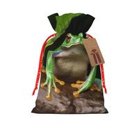 Sacs de Noël réutilisables avec cordon de serrage imprimé grenouille d'arbre de la paix pour emballage cadeau de Noël, ruban de Noël rouge, taille S