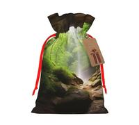 Sacs de Noël réutilisables avec cordon de serrage imprimé grotte naturelle pour emballage cadeau de Noël, ruban rouge, taille M