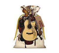 Sacs de Noël réutilisables avec cordon de serrage imprimé guitare musicale pour fête de Noël, ruban jaune, taille S