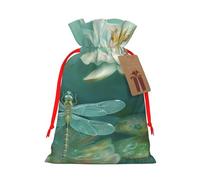 Sacs de Noël réutilisables avec cordon de serrage imprimé libellule avec nénuphar, ruban rouge, taille S