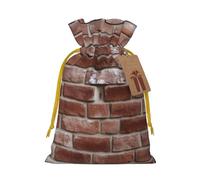 Sacs de Noël réutilisables avec cordon de serrage imprimé pierre rouge brique pour emballage cadeau de Noël, ruban jaune, taille M