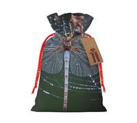 Sacs de Noël réutilisables avec cordon de serrage imprimé toile d'araignée et libellule pour emballage cadeau de Noël, ruban rouge, taille S