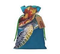 Sacs de Noël réutilisables avec cordon de serrage imprimé tortue de mer pour emballage cadeau de Noël, ruban vert, taille M
