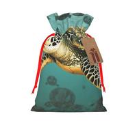 Sacs de Noël réutilisables avec cordon de serrage imprimé tortue de mer pour fête de Noël, ruban rouge, taille S