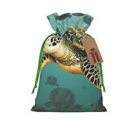 Sacs de Noël réutilisables avec cordon de serrage imprimé tortue de mer, ruban de Noël vert, taille S