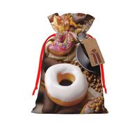 Sacs de Noël réutilisables avec cordon de serrage imprimés café et beignets, pour fête de Noël, emballage cadeau de Noël, ruban rouge, S