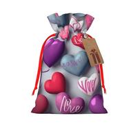 Sacs de Noël réutilisables avec cordon de serrage imprimés de jolis cœurs pour fête de Noël, ruban rouge, taille S