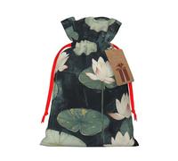 Sacs de Noël réutilisables avec cordon de serrage imprimés de lys noirs pour fête de Noël, emballage cadeau de Noël, ruban rouge, taille M