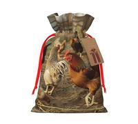 Sacs de Noël réutilisables avec cordon de serrage imprimés de poules de la ferme pour fête de Noël, emballage cadeau de Noël, ruban rouge, taille M