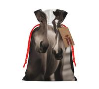 Sacs de Noël réutilisables avec cordon de serrage imprimés deux chevaux pour emballage cadeau de Noël, ruban de Noël rouge, taille M