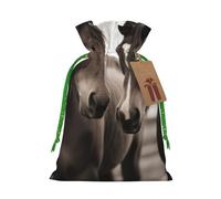 Sacs de Noël réutilisables avec cordon de serrage imprimés deux chevaux pour emballage cadeau de Noël, ruban de Noël vert, taille S