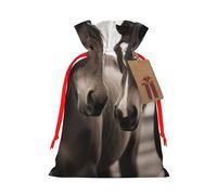 Sacs de Noël réutilisables avec cordon de serrage imprimés deux chevaux pour fête de Noël, emballage cadeau de Noël, ruban rouge, taille M