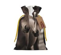 Sacs de Noël réutilisables avec cordon de serrage imprimés deux chevaux pour fête de Noël, ruban jaune, taille M