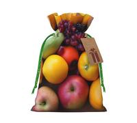 Sacs de Noël réutilisables avec cordon de serrage imprimés d'images de fruits pour emballage cadeau de Noël, ruban vert, taille M