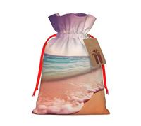Sacs de Noël réutilisables avec cordon de serrage imprimés d'images de plage pour fête de Noël, ruban rouge, taille S