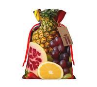 Sacs de Noël réutilisables avec cordon de serrage imprimés fruits frais et juteux, ananas, baies, pastèque, raisin, orange, pour fête de Noël, emballage cadeau, ruban rouge, S