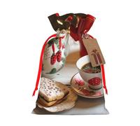 Sacs de Noël réutilisables avec cordon de serrage imprimés l'heure du thé de Noël, ruban rouge, taille M