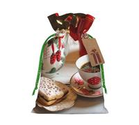 Sacs de Noël réutilisables avec cordon de serrage imprimés l'heure du thé de Noël, ruban vert, taille M