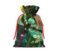 Sacs de Noël réutilisables avec cordon de serrage imprimés libellules mignons pour fête de Noël, emballage cadeau de Noël, ruban rouge, S