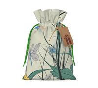 Sacs de Noël réutilisables avec cordon de serrage imprimés libellules sur fleurs et branches pour emballage cadeau de Noël, ruban vert, taille S