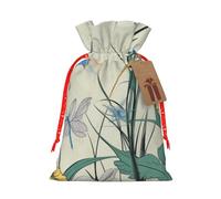 Sacs de Noël réutilisables avec cordon de serrage imprimés libellules sur fleurs et branches pour emballage cadeau de Noël, ruban rouge, taille M