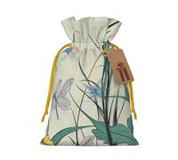 Sacs de Noël réutilisables avec cordon de serrage imprimés libellules sur fleurs et branches pour emballage cadeau de Noël, ruban jaune, taille M
