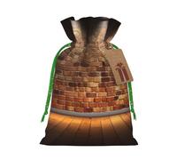Sacs de Noël réutilisables avec cordon de serrage imprimés « Lights hit the brick wall » pour emballage cadeau de Noël, ruban vert, taille M