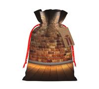 Sacs de Noël réutilisables avec cordon de serrage imprimés « Lights hit the brick wall » pour emballage cadeau de Noël, ruban rouge, taille M