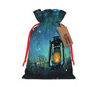 Sacs de Noël réutilisables avec cordon de serrage imprimés lucioles et lanternes pour fête de Noël, ruban rouge, taille M