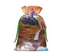 Sacs de Noël réutilisables avec cordon de serrage imprimés montagnes pittoresques pour emballage cadeau de Noël, ruban vert, taille S