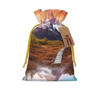 Sacs de Noël réutilisables avec cordon de serrage imprimés montagnes pittoresques pour emballage cadeau de Noël, ruban jaune, taille S