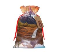 Sacs de Noël réutilisables avec cordon de serrage imprimés montagnes pittoresques pour fête de Noël, emballage cadeau de Noël, ruban rouge, taille S